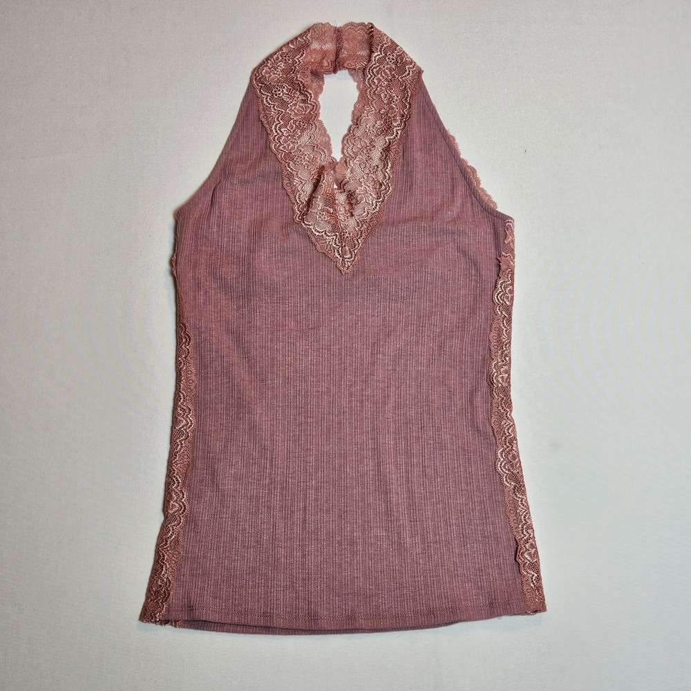 Red by BKE Lace Halter Top S Mauve Pink Ribbed Stretch Y2K Boho Clubwear